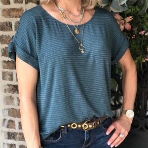 Cabi groove tee cuffed short sleeve crewneck green striped teal XS